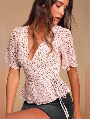 Lulu's Destini White and Red Polka Dot Wrap Top Size S